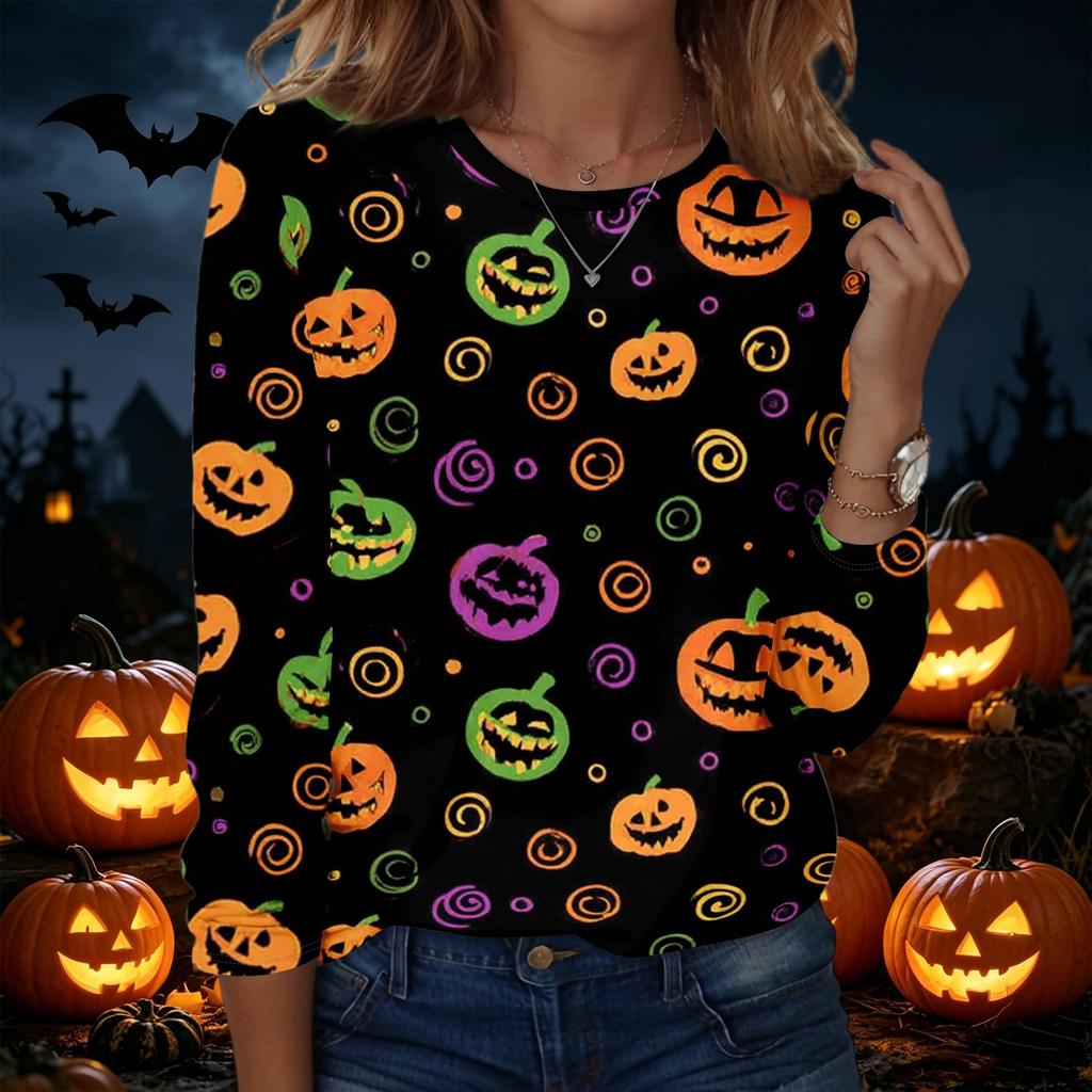 Women's Halloween Print Crew Neck Long Sleeve Pullover Sweatshirt Casual Fit Lightweight Top for Seasonal Wear