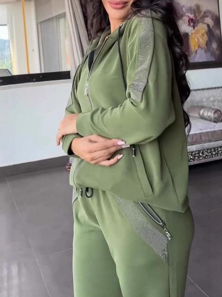 2024 Euro-American Solid Color Zip-Up Sweatshirt & Drawstring Pants Set - Women's Casual Two-Piece