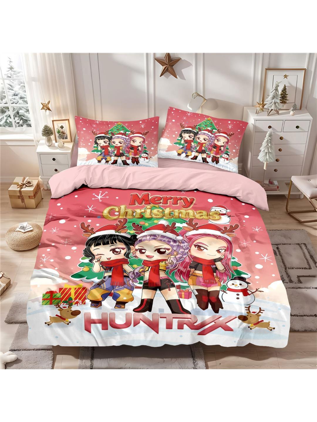 

3 шт. K-Pop Охотники на демонов С Рождеством Принт Бессердечный Набор лоскутного одеяла Спальни Общежитие Постельный набор Мягкий Машинная стирка 140x210cm-AU-Single&set
