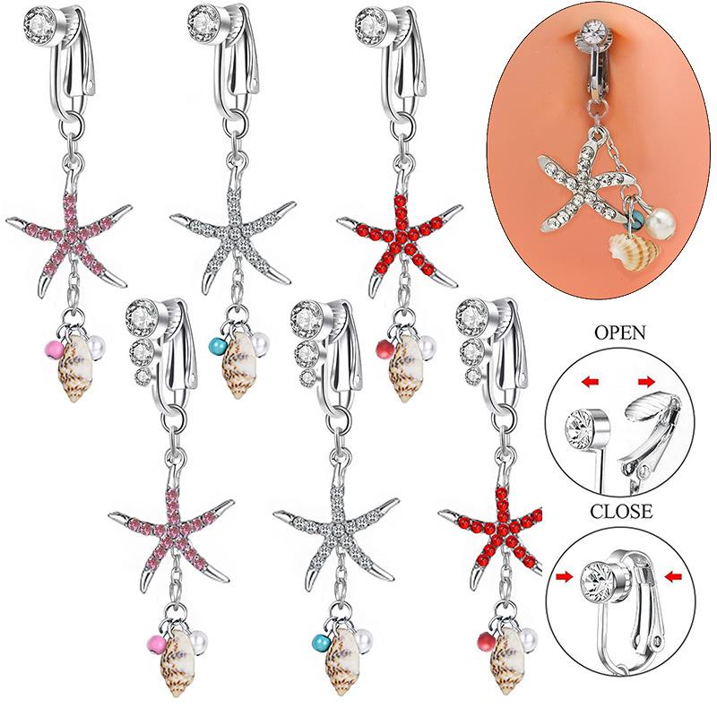Seestern Diamant Muschel Anhänger Bauchnabelring Clip-On Bauchnabel Fake Piercing Zirkon Knorpel Clip-On Ohrring Körperschmuck