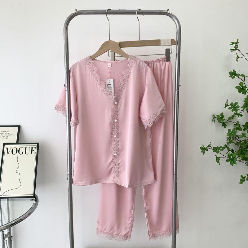 

Pajamas Women s Spring and Autumn Summer Thin Silk Short Sleeve K-style Casual Ice Silk Home Wear Lace Two-piece Set Pink L