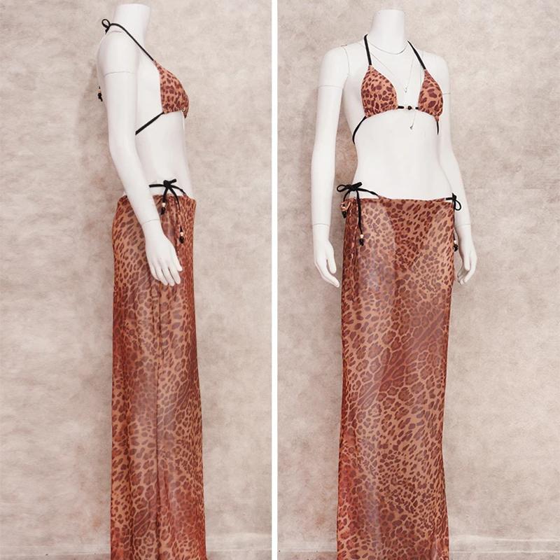 EDOLYNSA Sexy Leopard Print 3dílná sada bikin 2023 Summer Beach Wear Triangle Bikini Plavky S plážovou sukní Plavky Krycí A1554