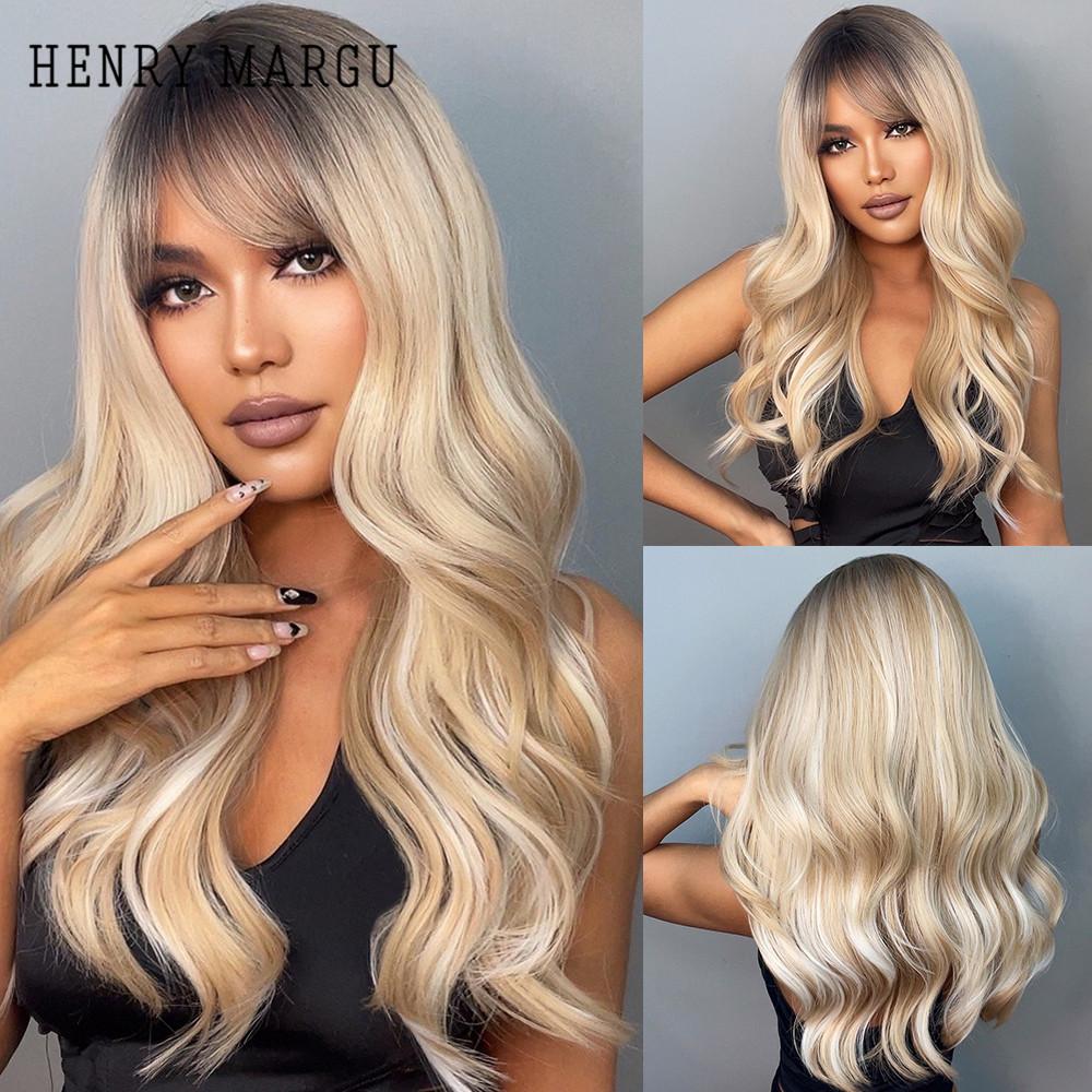 HENRY MARGU Ilgi vandens banguoti sintetiniai perukai nuo rudos iki blondinės spalvos Ombre perukai su kirpčiukais moterims vakarėliams Cosplay karščiui atsparūs perukai