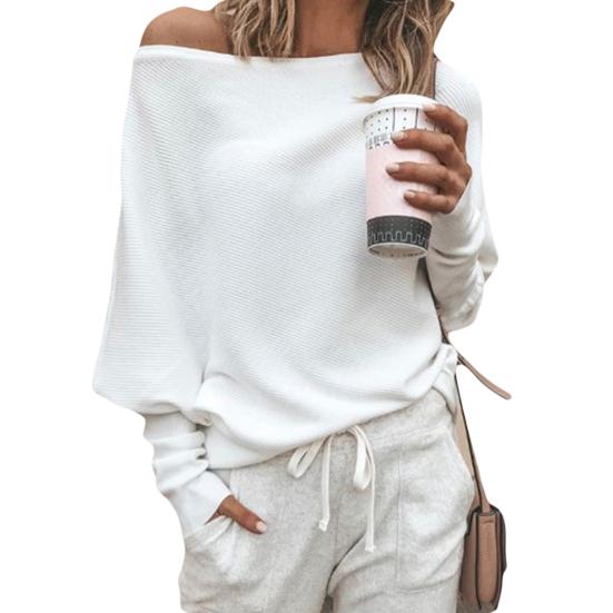 Sexy Women Solid Color Off Shoulder Long Sleeve Sweater Loose Knitted Pullover