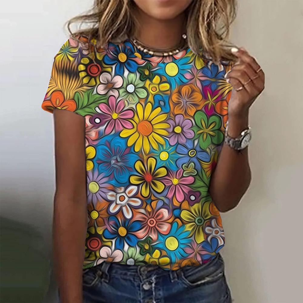 Women's T-shirt 3D digital printed women's round neck top with colorful floral print