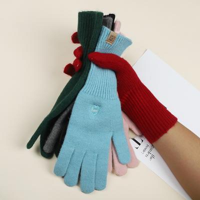 Korean Embroidered Bow Dew Finger Touch Screen Knitted Wool Gloves for Women In Autumn and Winter Warm Riding and Cold Proof Fingers