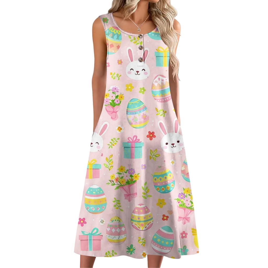 Women Fashion Casual Sleeveless Button Easter Print Dress With Pocket
