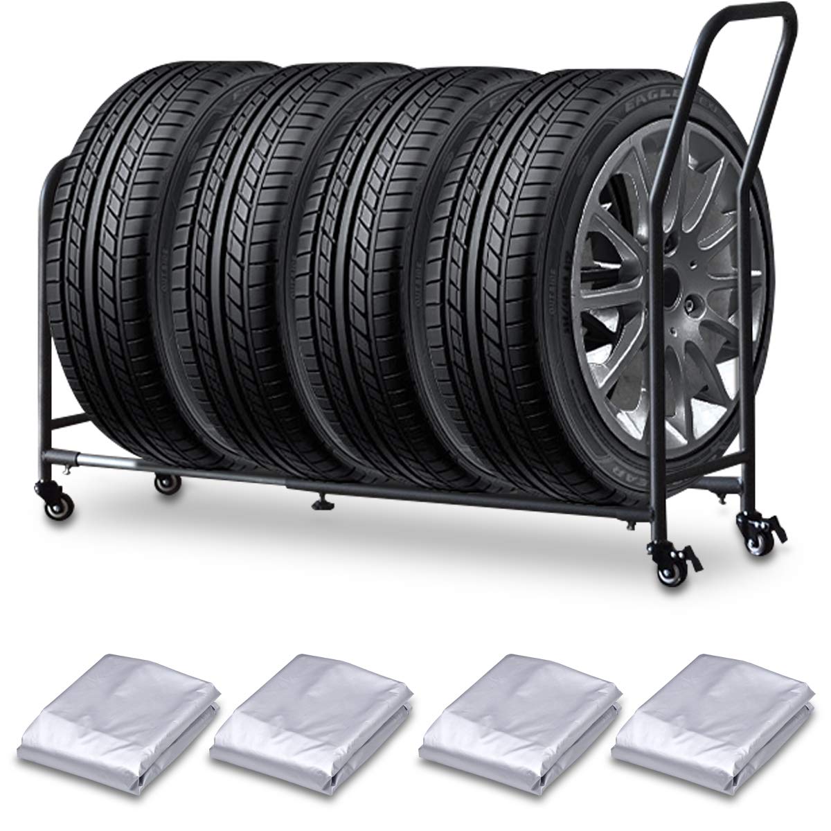

FIELDOOR Extendable Tire Rack with Round Pipe Storage Set of 120kg Load No Tools with Suitable for Studless Tires Casters, 70-110cm Wide, [Gray],