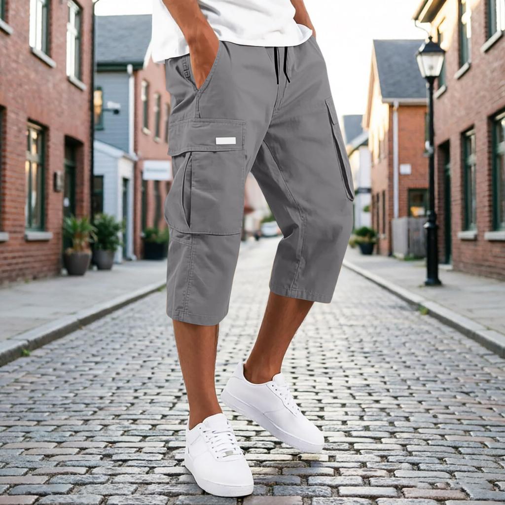 Men’s Drawstring Waist Multi Pocket Cargo Capri Pants Relaxed Fit Seven Quarter Length Casual Trousers for Everyday Wear