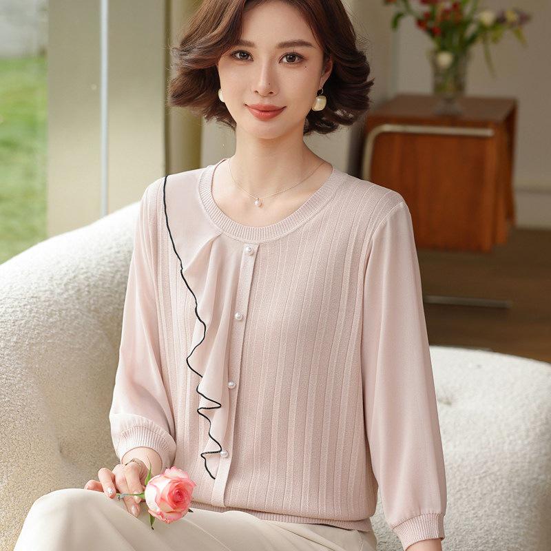 

Stylish Gauze Sleeve Knit Top for Middle-Aged & Elderly Women - Lightweight Seven-Sleeve T-shirt for Spring & Summer 4XL (145-160 lbs)