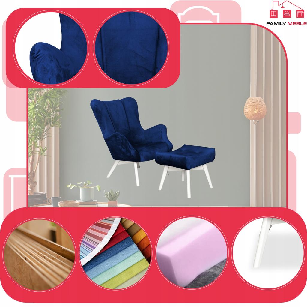 Vika Scandinavian Armchair with Footrest, Pouffe, Profiled, Family Meble Indigo