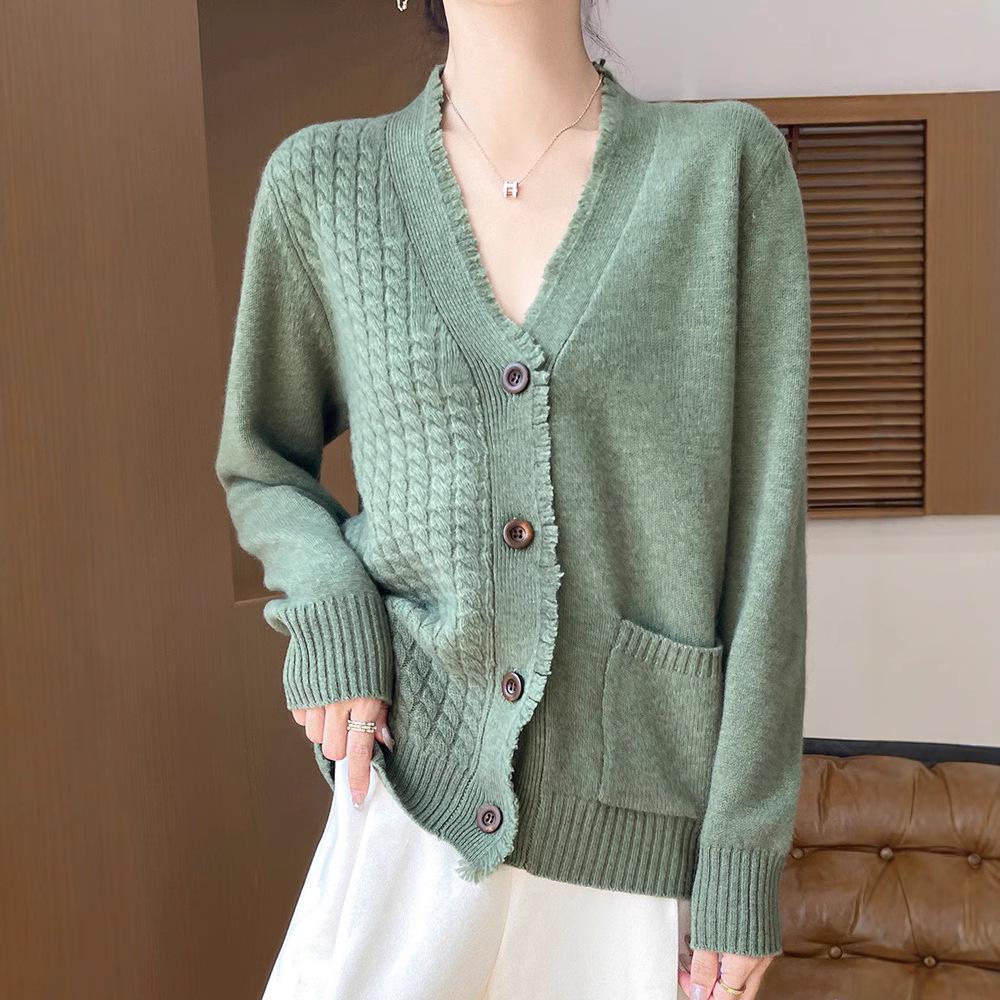 Women's 100% Wool V-neck Tassel Edge Cardigan Sweater - Soft, Loose Knit for Spring and Autumn