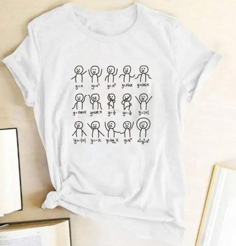 Women's round Collar Short Sleeve T-shirt INS Fashion Mathematical Formula Print Casual Summer Top Polyester Fabric