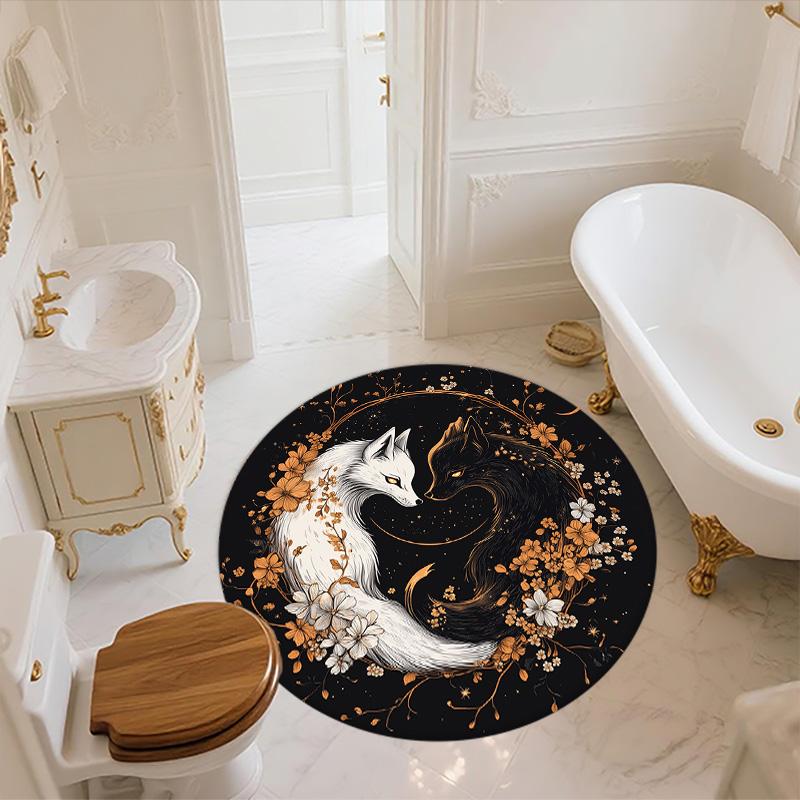 Wreath Flower Fox,Round Area Rug,Carpet Rug for Living Room Bedroom Sofa Playroom Decor,Non-slip Floor Mat