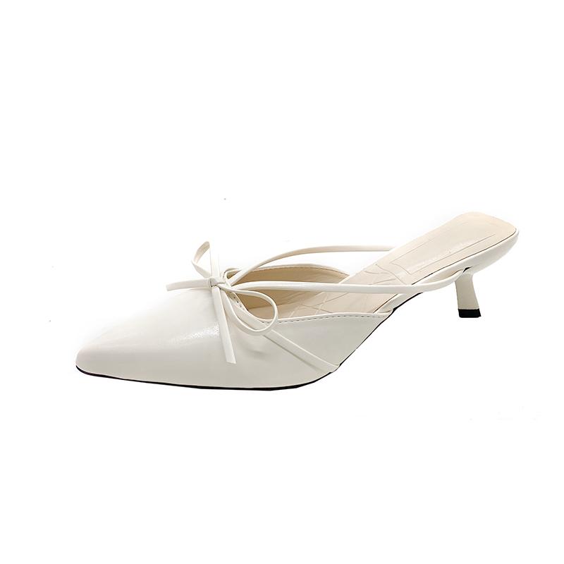 Fashion Pointed Bow High-heeled Half Slippers Women's New Summer Baotou Shallow Mouth Sexy Thin-heeled Sandals and Slippers