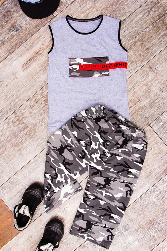 

Активний літній комплект для хлопчиків – Легка бавовняна футболка та еластичні штани капрі, Літо, 6116-055 HC 110 срібний