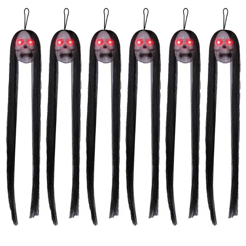 Hanging Skull Halloween Indoor Decoration Spooky Glowing Long Hair Skull Festival Glowing Skull  Room Decors 6PCS 1