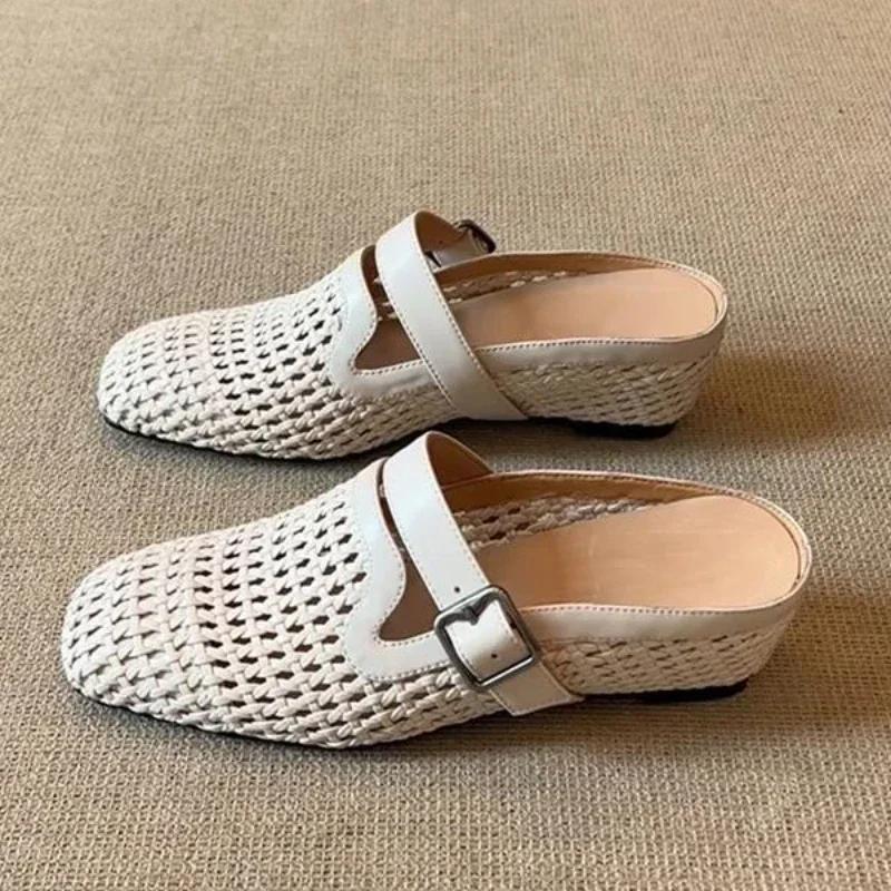 

Fashion Women Slippers Wedges Weave Slingback Mules Shoes Woman Summer Heeled Sandals 2025 Square Toe Fashion New Sandalias De Mujer 35 покинуть белый