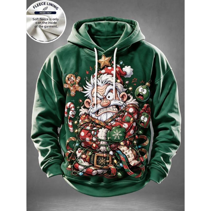 Men Fleece Lined Hoodie Santa Beer Christmas Tree Print Pullover Hooded Sweatshirt Holiday Hoody