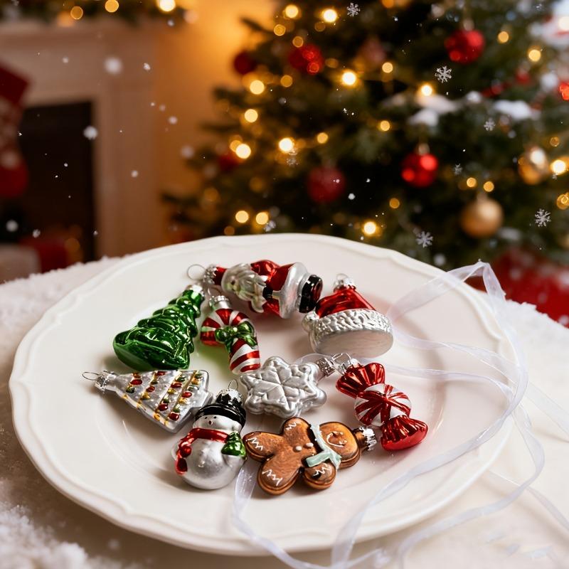 9pcs Glass Christmas Tree Hanging Decoration Creative Glass Snowman Snowflake Christmas Tree Santa Claus Candy Christmas Hat Set
