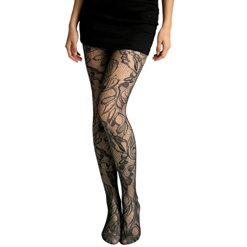 Womens Aesthetic Geometric Floral Patterned Lace Pantyhose Sheer Fishnet Tights Stockings Mesh Leggings for Casual Wear