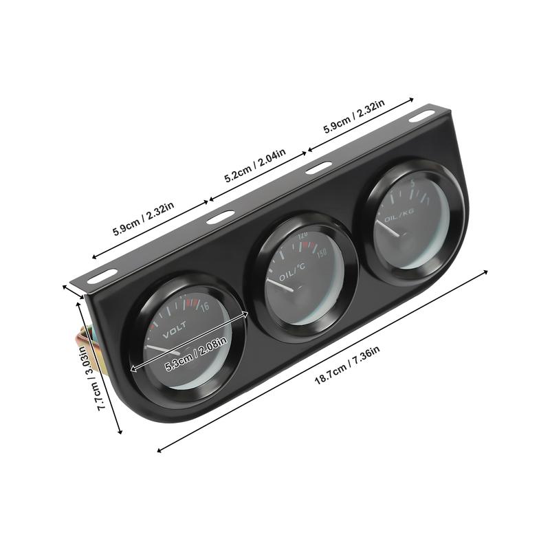 5.2cm 3-in-1 Car Gauge Voltmeter, Oil Temperature Gauge, Oil Pressure Gauge Set Universal for 12V Automobile, Black