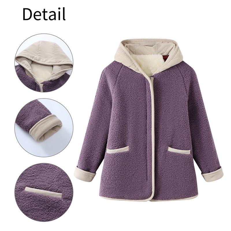 Women's Hooded Lamb Wool Cotton Jacket - Velvet, Thick, Casual Winter Coat for Middle-Aged & Elderly Moms