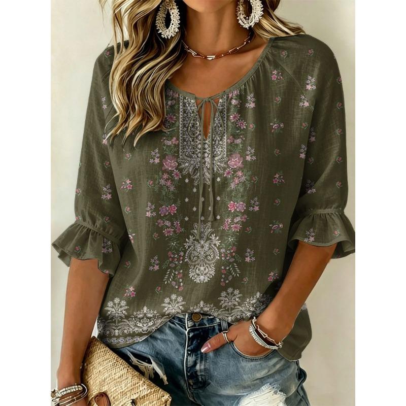 Women's Navy Ethnic Embroidered Tie Neck Blouse, Casual Loose Tops for Spring Summer Daily Wear & Vacation Occasions