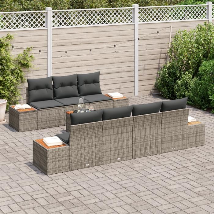 VidaXL Ensemble de canapé de jardin de 8 pièces avec coussins gris poly rotin acacia 3348040