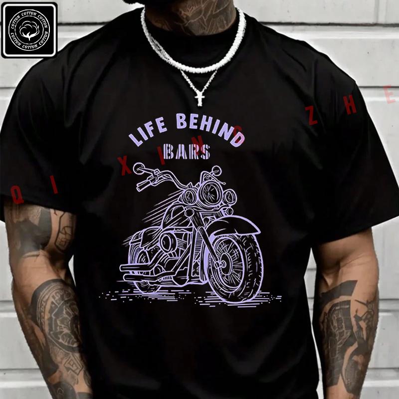 Men T Shirt Funny Motorbike - Life Behind Bars Graphic T-Shirt Cotton Men‘s Summer Short Sleeve
