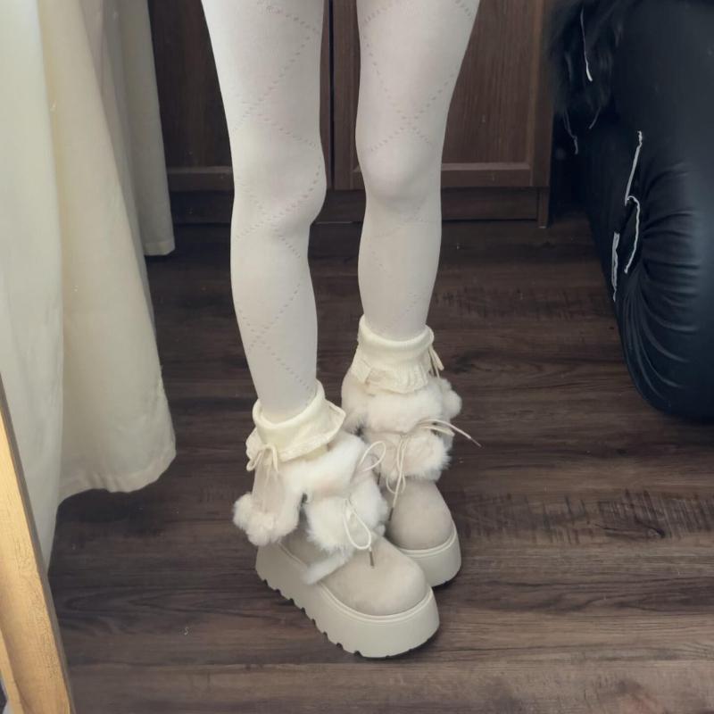 Winter Chunky Heel Women Fur Lining Snow Boots Concise Height Increase Shoes Ladies Comfort Warm Cotton Mid Calf Booties