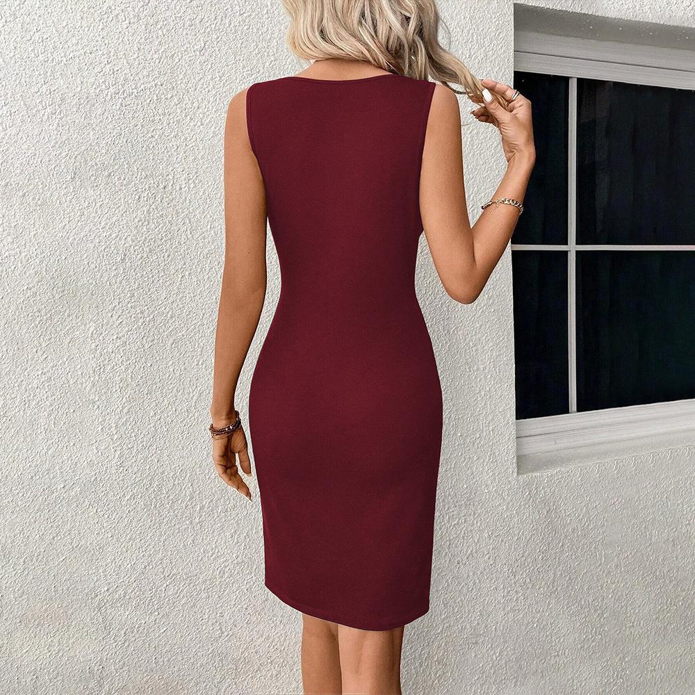 Women Summer Sleeveless Solid Color Knot Hollow One Piece Dress