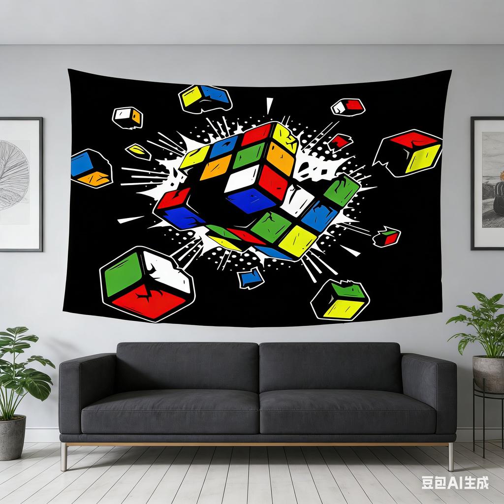 1pc Graffiti Style Rubiks Cube Tapestry Vibrant Exploding Print Polyester 2D Wall Art Bold Black Backdrop for Room Gift for