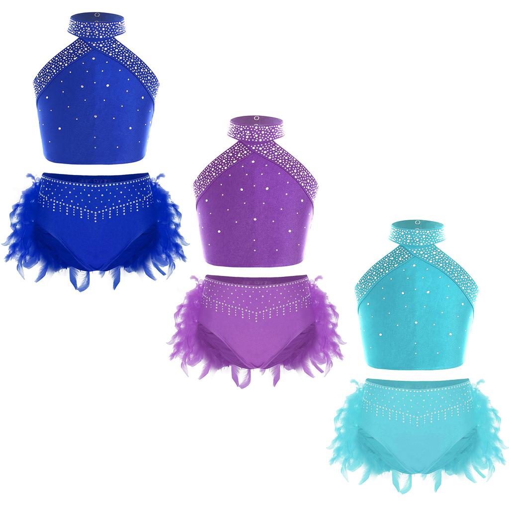 Girls Stage Outfit Sparkling Rhinestone Vest Halter Neck Design Cross Back Sleeveless with Feather Detail Briefs