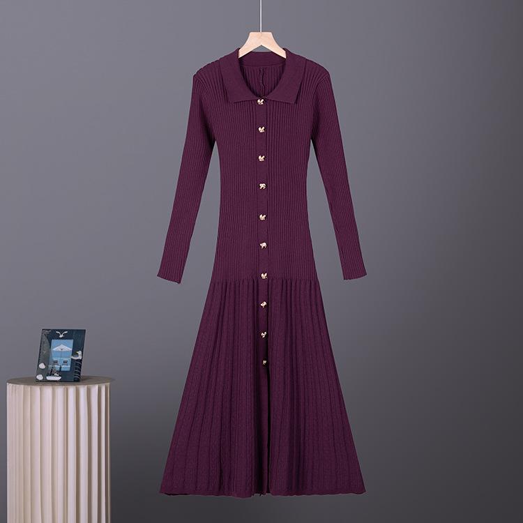 POLO neck knitted big swing skirt, European and American slim-fitting waist medium and long skirt women's knitted dress women