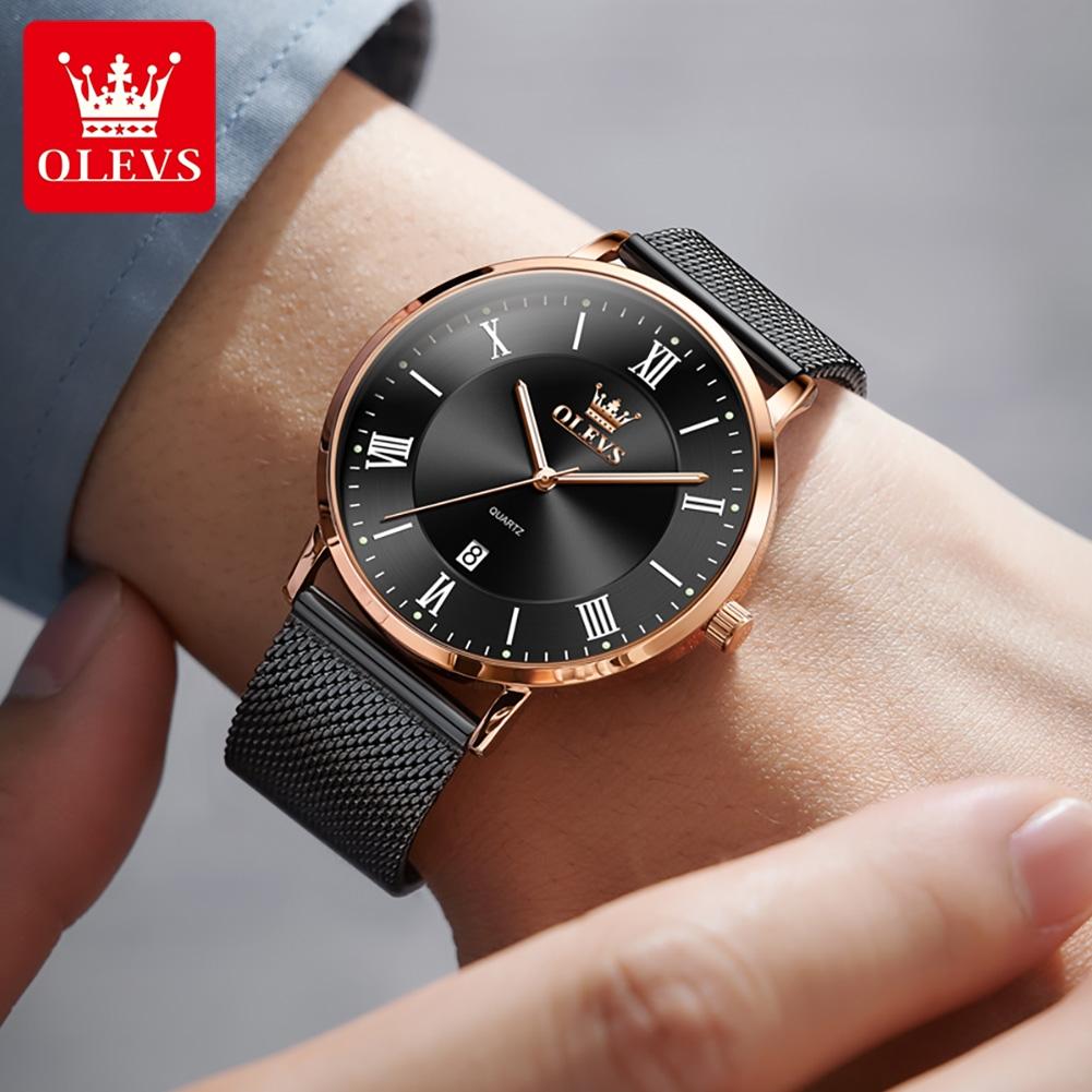 OLEVS Herrenuhr Minimalismus Ultradünne Original Quarz Armbanduhr Wasserdicht Leuchtend Mesh Armband Datum Uhr Geschenke