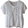 2025 Summer Korean Lace V-Neck Tie-Up Embroidered Short Sleeve Women's Shirt