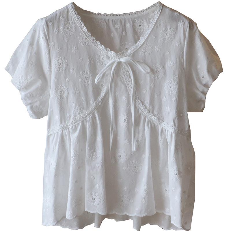 2025 Summer Korean Lace V-Neck Tie-Up Embroidered Short Sleeve Women's Shirt