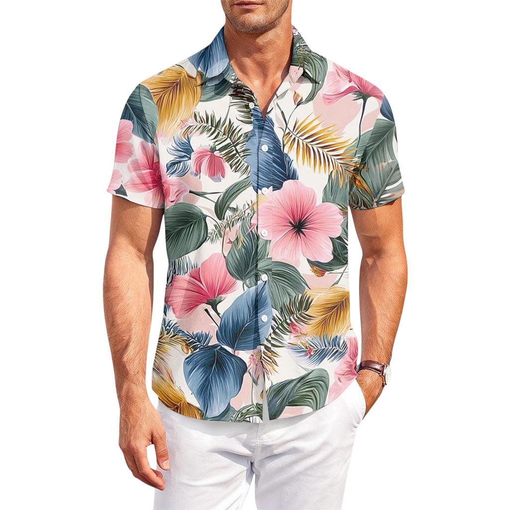 Men's Casual, Loose-Fit Short-Sleeve Shirt With Hawaiian Print