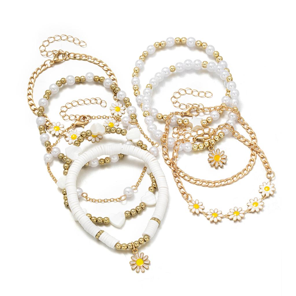 9-piece Bohemian Style Oil Drop Daisy Pendant Bracelet, Multiple Layered Soft Ceramic Flower Imitation Pearl Bracelet Set