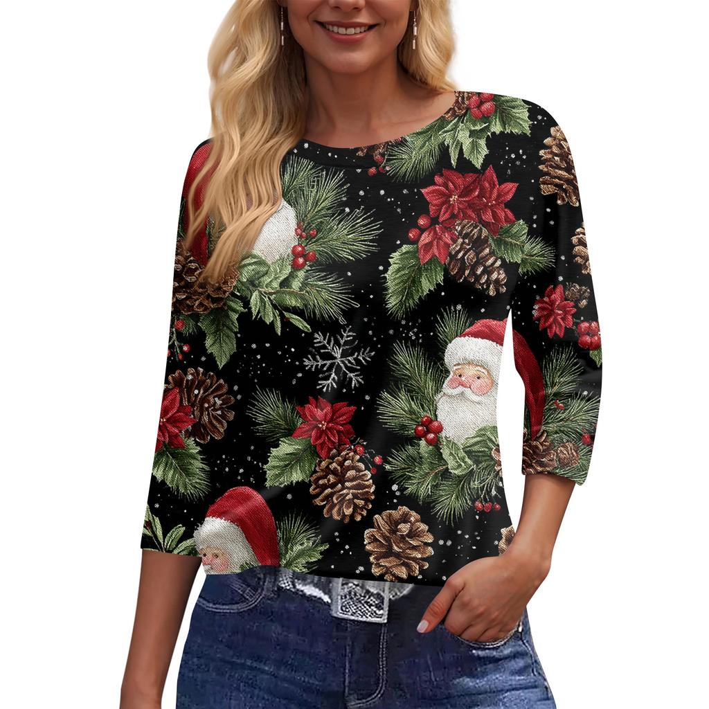 Damska modna luźna koszulka z okrągłym dekoltem i 3/4 rękawami, z nadrukiem i luźnym nadrukiem