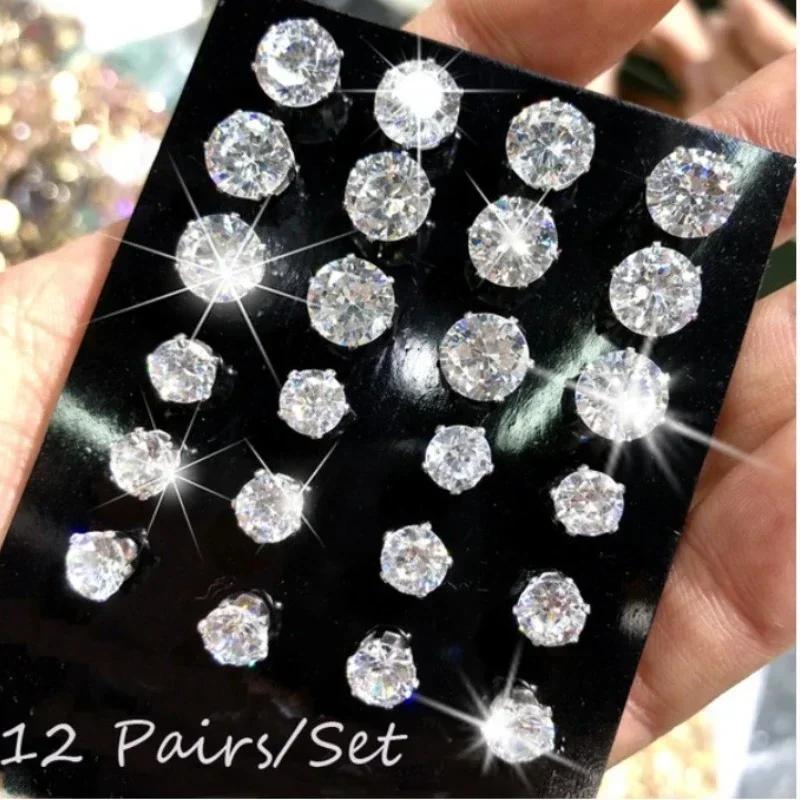 12 Pairs White Shiny Wedding Stud Earrings Set | CZ Cubic Zirconia Unisex Hypoallergenic Jewelry