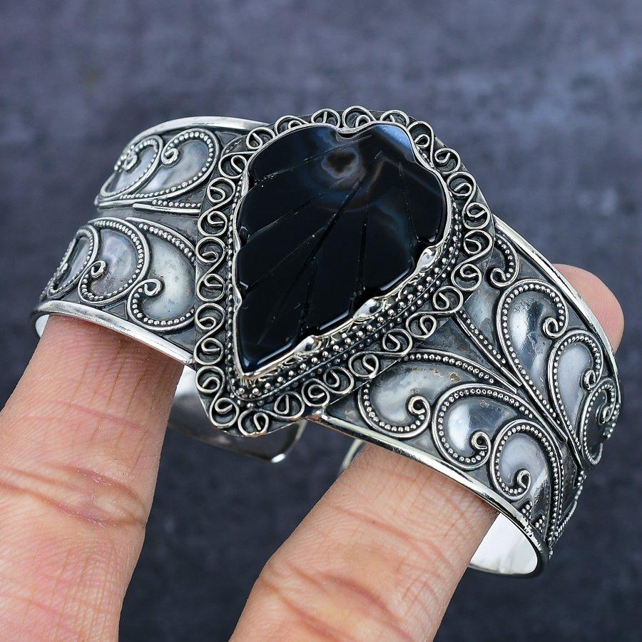 Black Onyx Carving Gemstone 925 Sterling Silver Cuff Bangle Adjustable T8L66