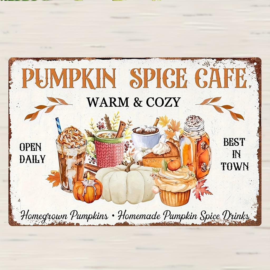 2D Flach - 1 Stück Vintage Kürbisgewürz Café Metallschild - 8x12 Zoll | Rustikale Wanddekoration mit Kaffee, Cupcakes und Herbstblättern | Pro