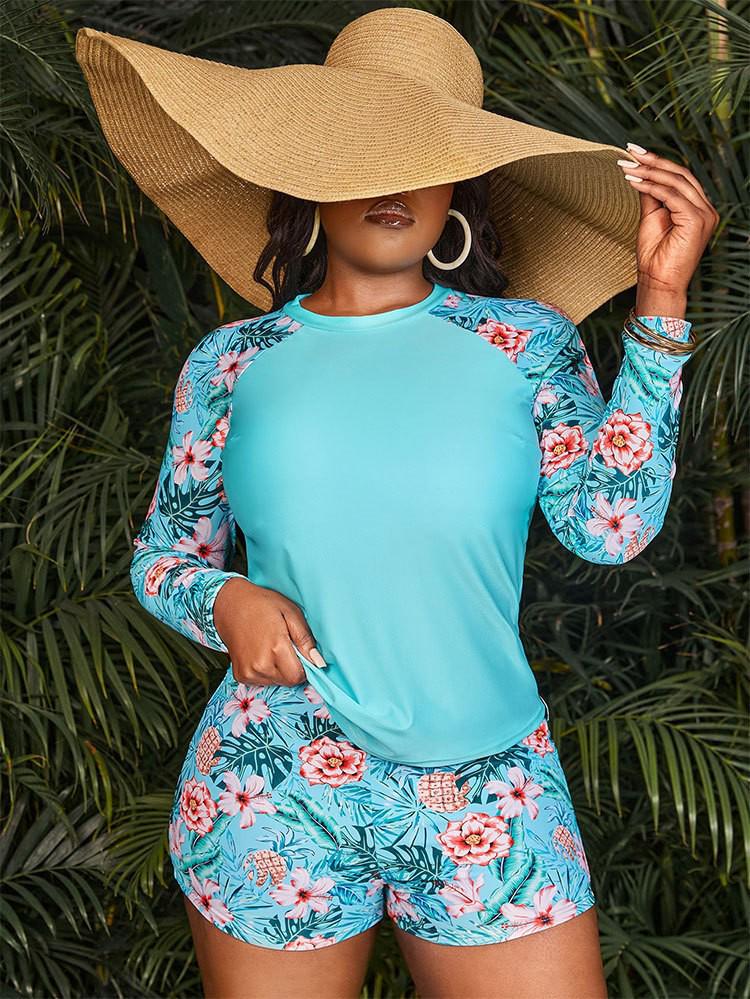 2024 Plus Size European & American Long Sleeve Tankini with Printed Design and Flat Leg Shorts.