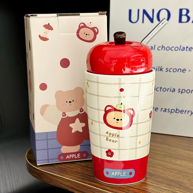 Niedlicher Cartoon Bär Apfelform Keramiktasse mit Deckel Heim Strohhalmbecher Weihnachtsgeschenk Souvenir