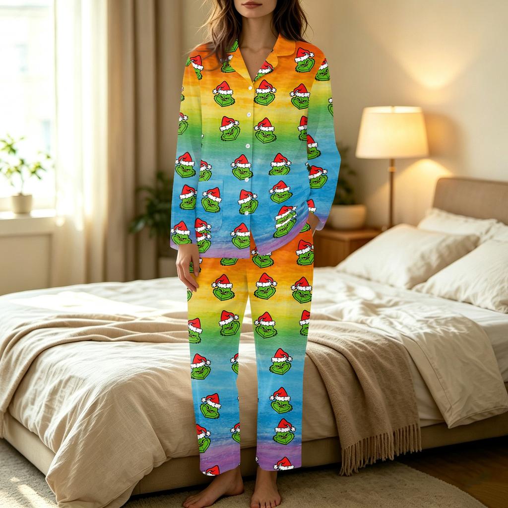 Women's Casual Long Sleeve Set with Pants, Holiday Print, Comfortable Loungewear for Home