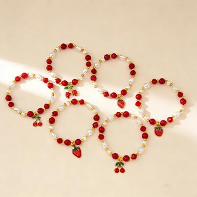 Cherry Strawberry Fruit Handmade Beaded Bracelet Sweet Versatile Wrist Jewelry