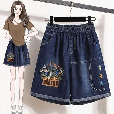 Women's High Waist Denim Elastic Waist Embroidered  Loose Casual Mid Length Jeans Shorts Summer