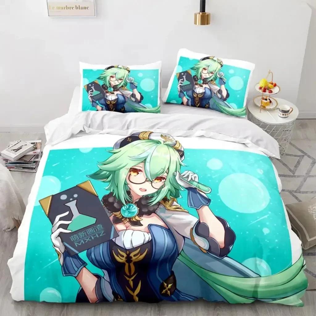 Anime Genshin Impact Xiao SUCROSE Qiqi Bedding Set Printed With Pillowcase Bed Duvet Cover Soft Queen King Size Bedclothes Home